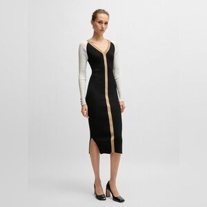 Boss V-Neck Knitted Dress In Metallised Fabric